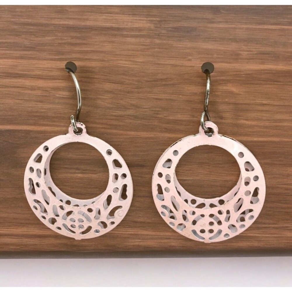 Pink Filagree Earrings Dangle Metal Circles Round Vintage 3D